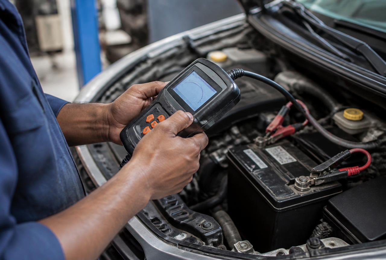 Technician testing a car battery with a digital battery tester in Gurugram