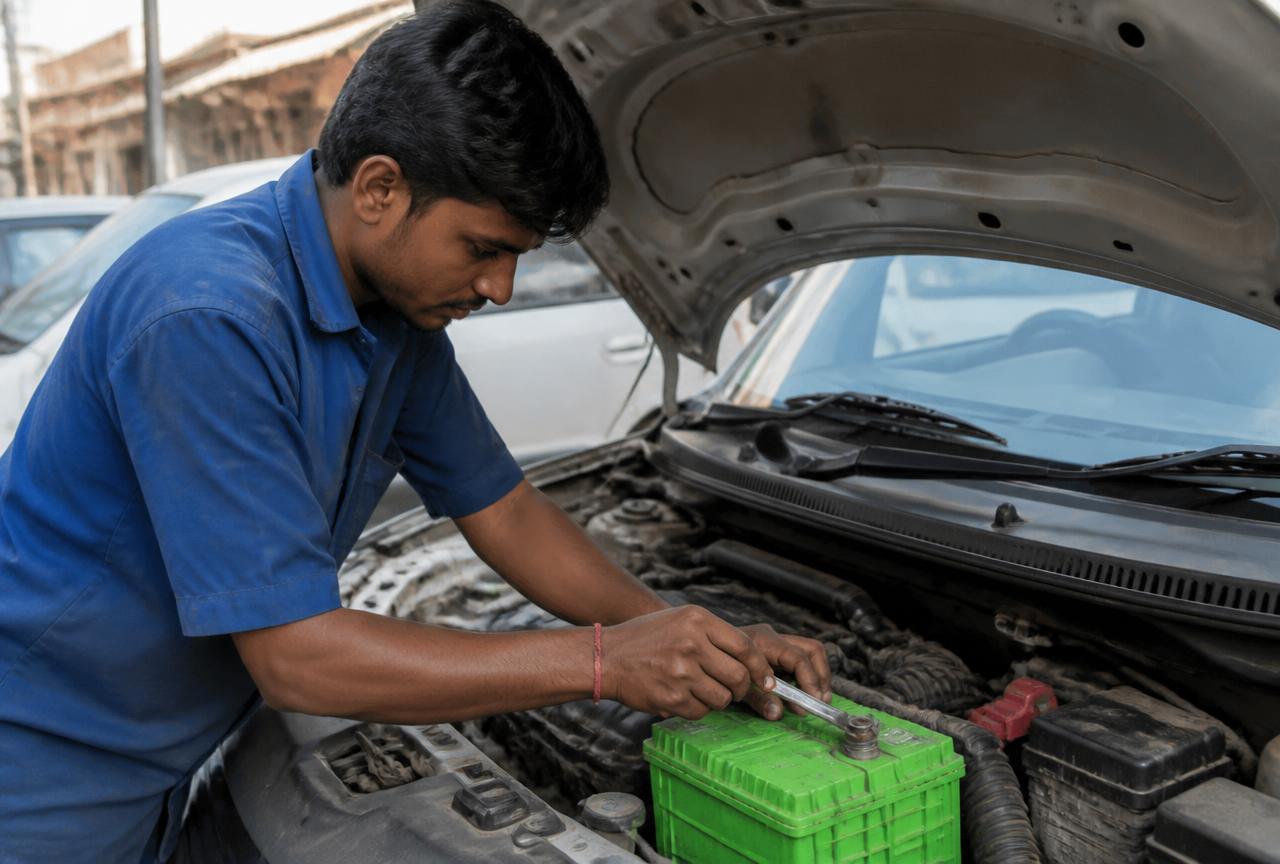 Mechanic installing a car battery under the bonnet of a car in Gurugram